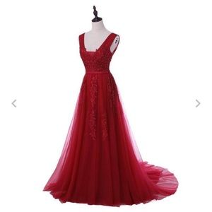 Red Embellished Tulle Prom Dress